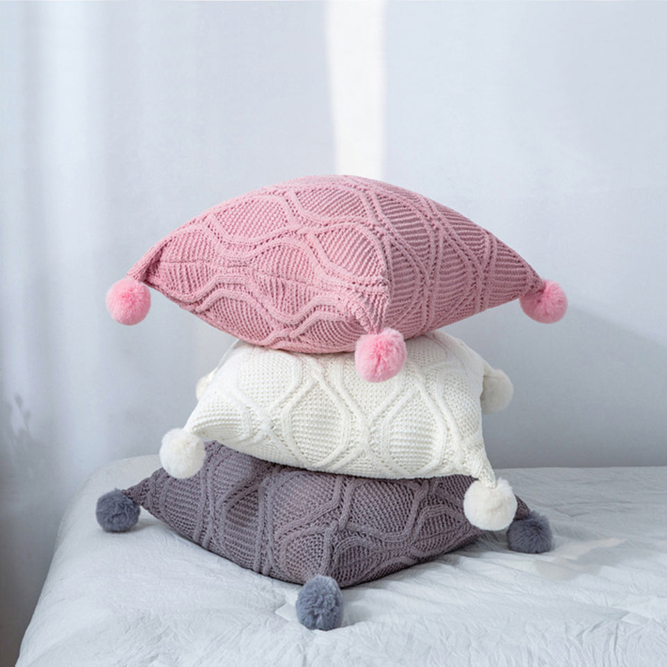 Knitted Pom-Pom Pillow Cover