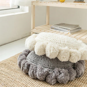 Round Crochet Pom Pom Pillow